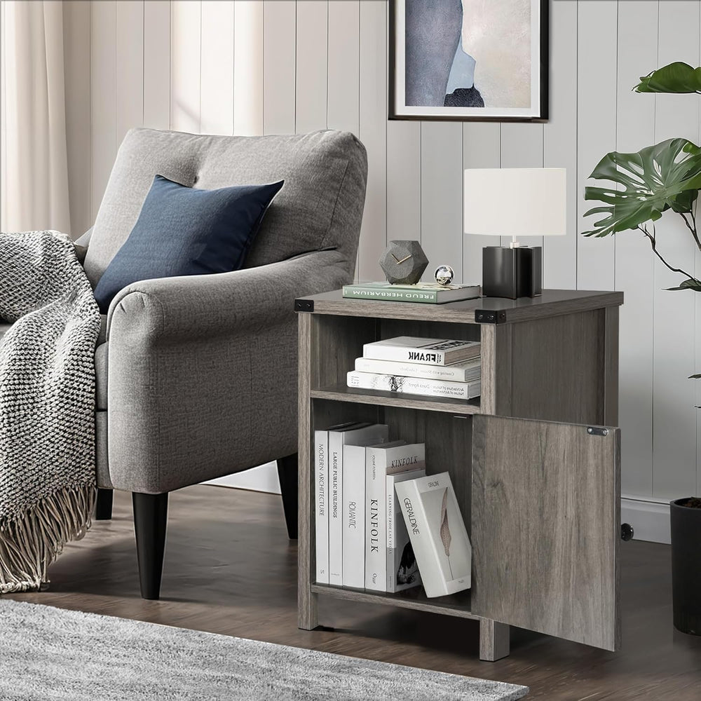 Farmhouse End Table, Nightstand with Barn Door and Shelf,Grey Wash | End Tabl...