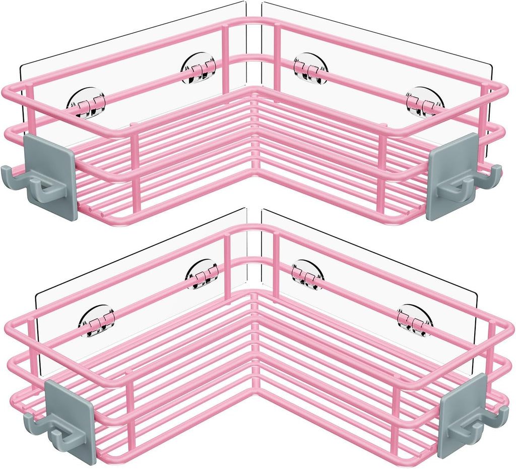 Nieifi Adhesive Corner Shower Caddy Shelf Basket Rack with Hooks, Rust Proof Stainless Steel Bathroom Shelf Shampoo Holder No Drilling (Pink)