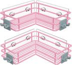 Nieifi Adhesive Corner Shower Caddy Shelf Basket Rack with Hooks, Rust Proof Stainless Steel Bathroom Shelf Shampoo Holder No Drilling (Pink)