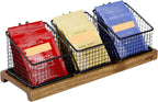 HTB Tea Organizer for Tea Bags, Tea Bag Holder with Acacia Wood Stand and 3 Removable Metal Basket for Sugar Packets, Sweeteners, Creamers for Cabinet, Countertop