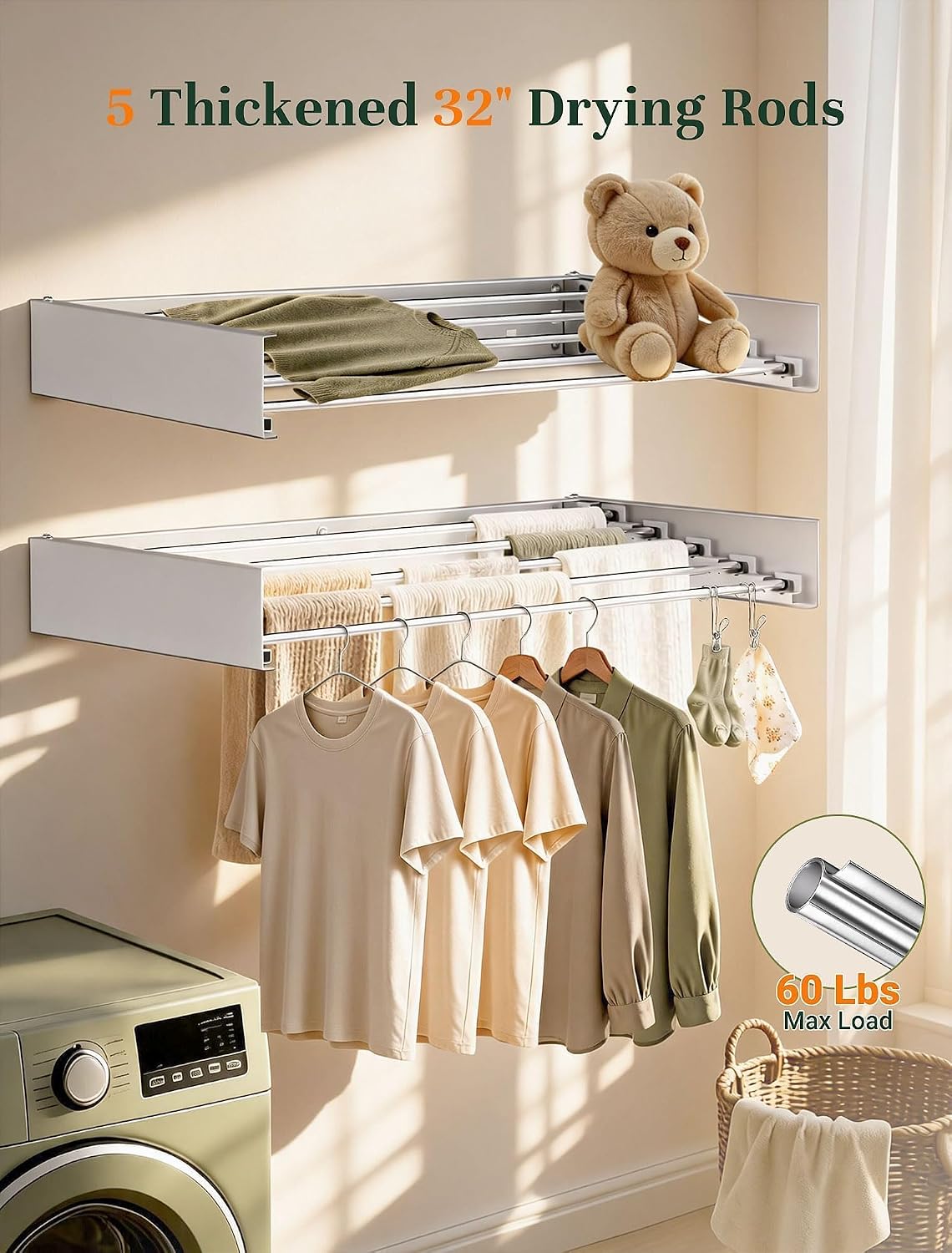 32'' Wall Mounted Clothes Drying Rack, Foldable & Collapsible Wall Mount Laundry Rack w/ 5 Thickened Rods & 4 Hooks, Space Saver Hanging Drying Rack Clothing for Laundry Room Bathroom Indoor