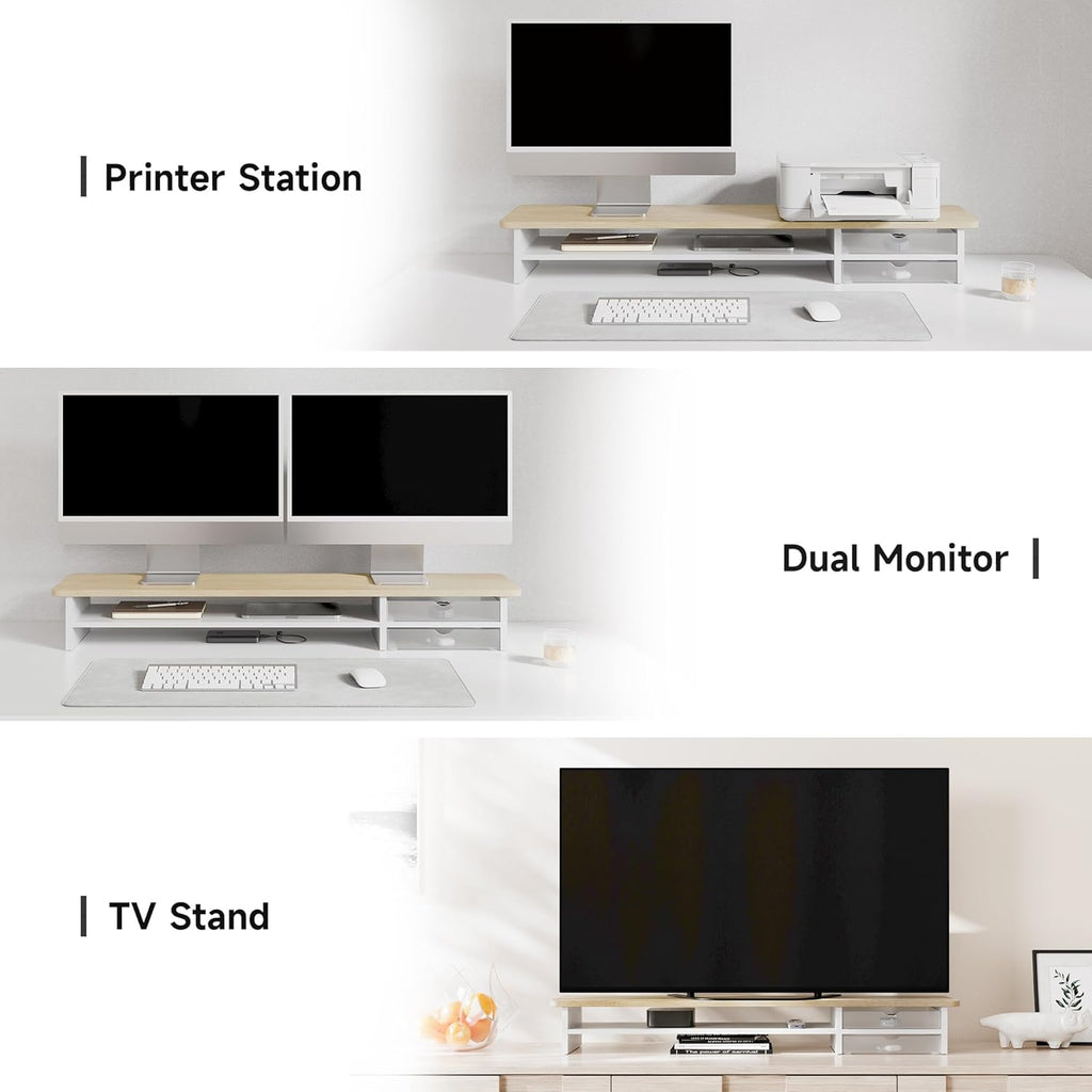 Fenge Monitor Stand, Dual Monitor Riser, 42.5inch Large Desk Computer Monitor Stand Riser with Drawer, 2 Tier Wood & Acrylic Desktop Organizer for Computer, Laptop, Printer, TV Screen Riser