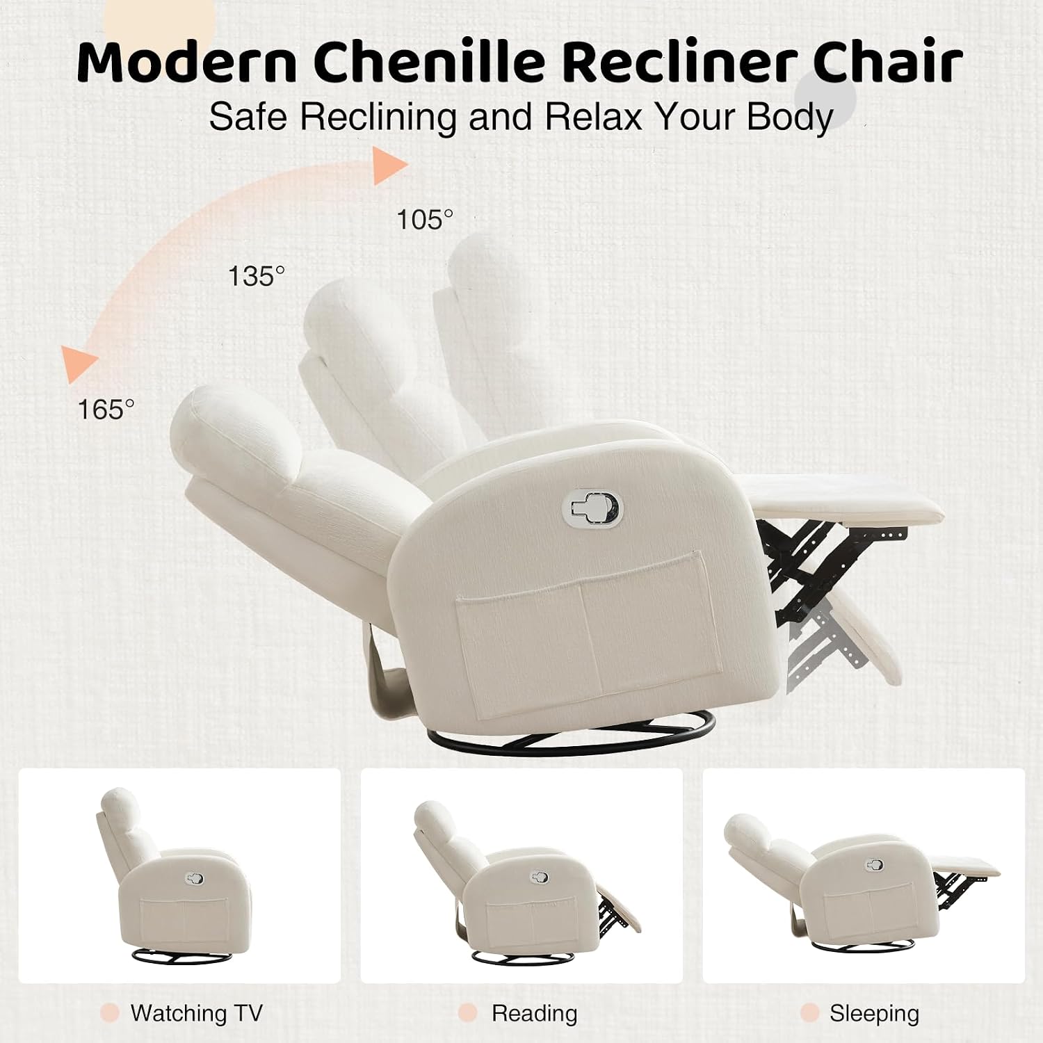 Manual Nursery Glider Recliner,Rocker Recliner Chair, Small Recliner Chair | Small Recliners for Small Spaces, 360° Swivel, 30° Rocker, Lumbar Support,2 Pockets, Chenille Cream White