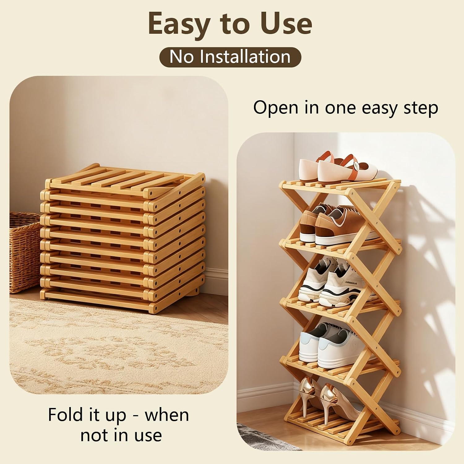 Bamboo Shoe Rack, Portable Folding Storage, No Installation, 5 Tier Stand | Free Standing, Space Saving Design, Easy To Move, Ideal For Entryway, Closet, Dorm
