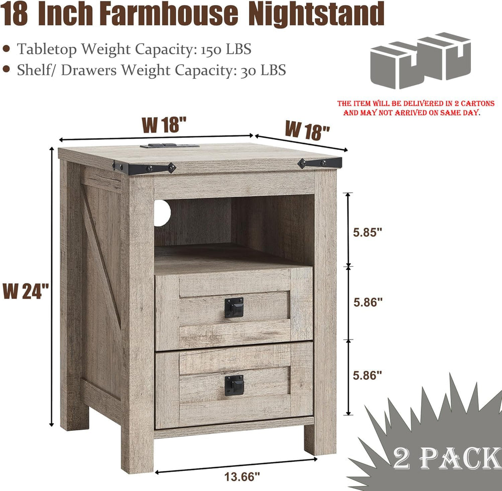 T4TREAM Farmhouse Nightstand Set of 2, Rustic End Table with 2 Drawers, Charg...