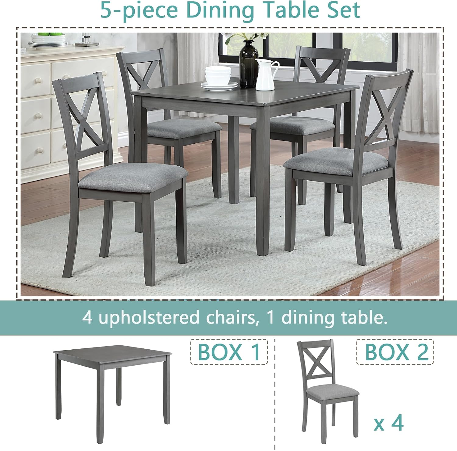 LUMISOL 5-Piece Wooden Dining Table Set with 4 Chairs, Kitchen Table Set for 4 People, Farmhouse Table and Chairs Set for Living Roo, Kitchen, Dining Room, Grey
