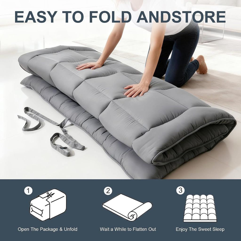 Japanese Floor Mattress Futon, Thick 5-Layer Roll Up Foldable Mattress, Comfortable Foam Tatami Mat Sleeping Pad (Gray, Twin)