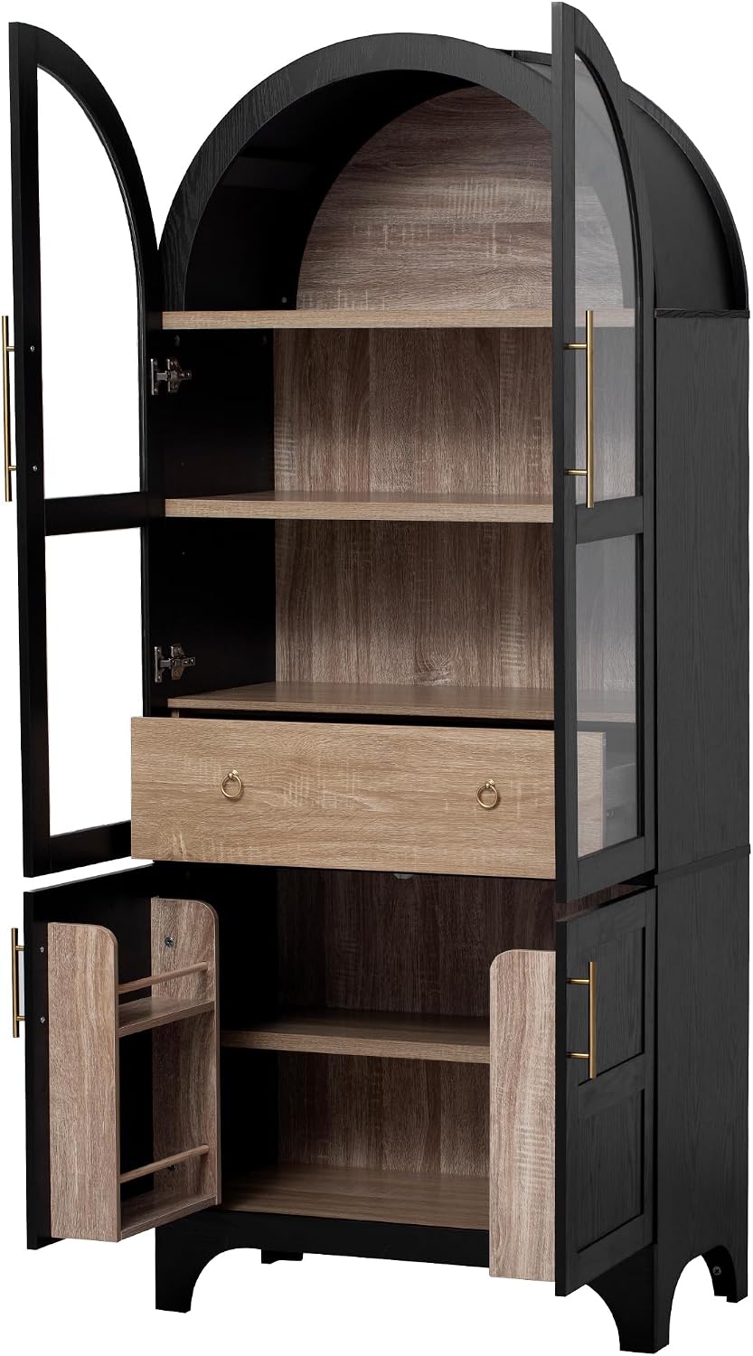 Kitchen 71" Arched Pantry Hidden Storage，Black-V | Adjustable Shelves So...