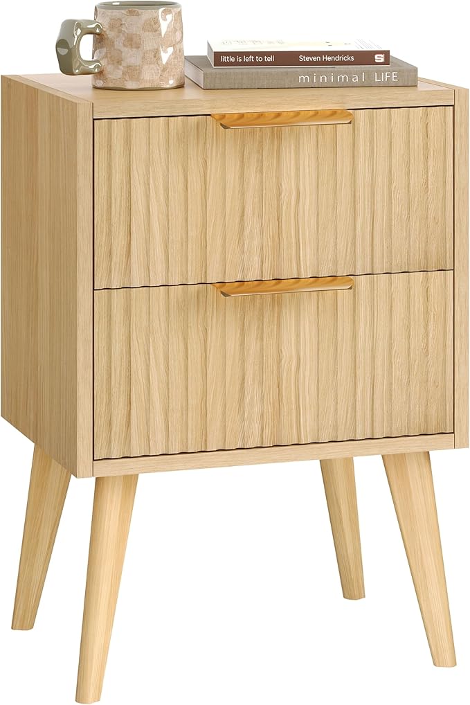 Fluted Nightstand with 2 Drawers,Modern Bedside Table with Metal Handles,Whit...