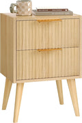 Fluted Nightstand with 2 Drawers,Modern Bedside Table with Metal Handles,White Side Table with Solid Wood Legs,Mid Century End Table for Living Room,Bedroom,Natural CTG55Y