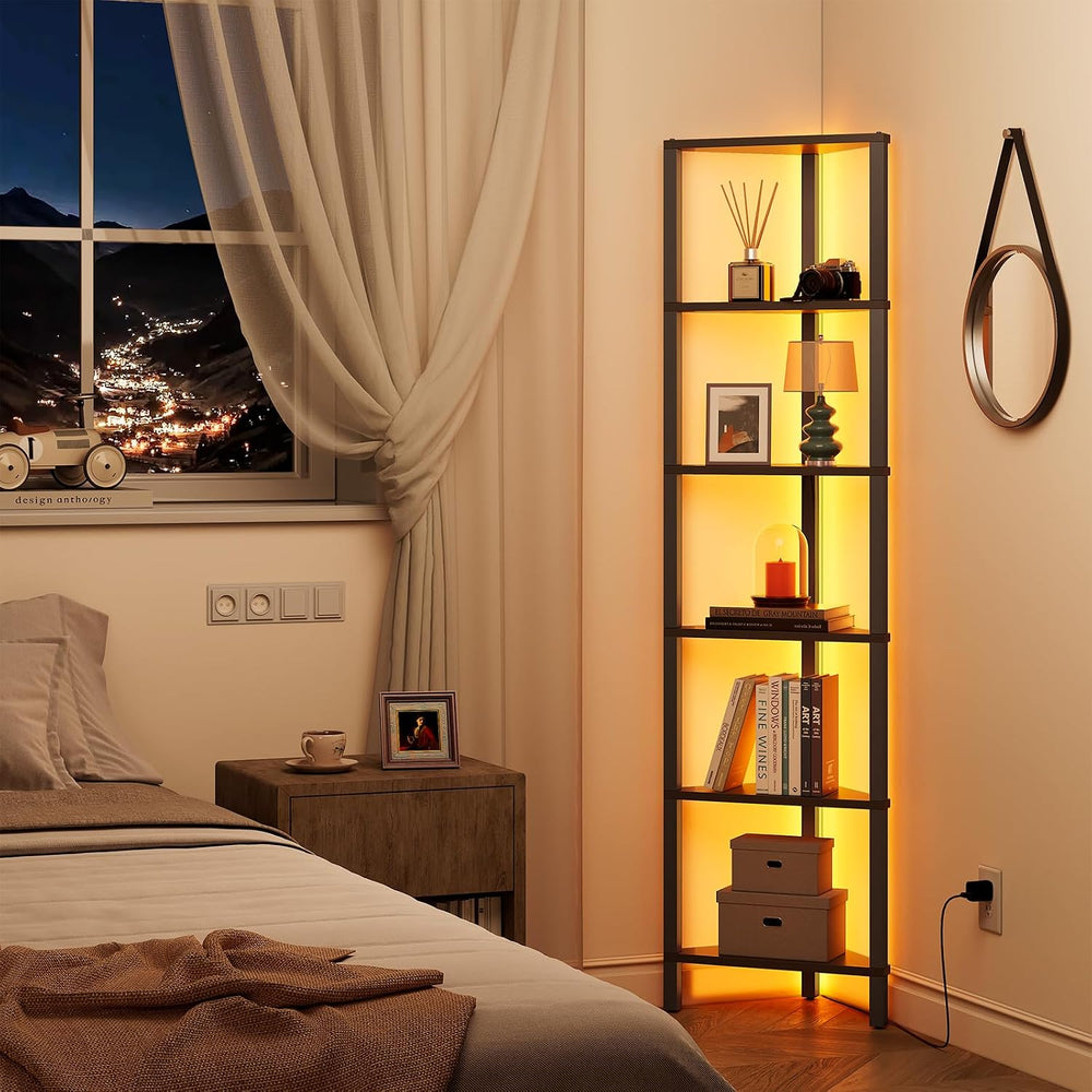 TUTOTAK Corner Shelf with LED Light, 6-Tier Corner Bookshelf