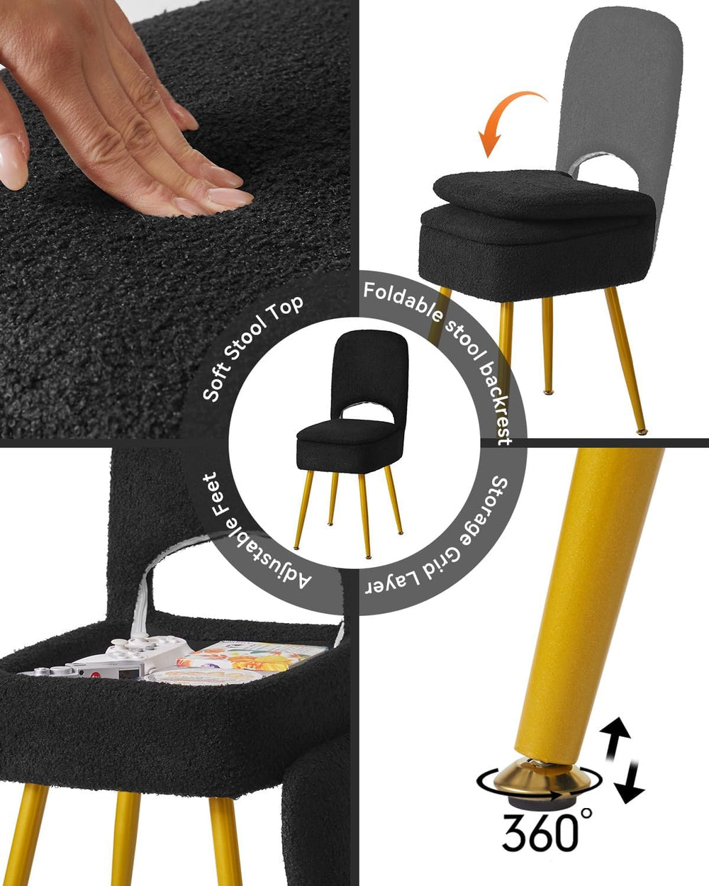 IBUYKE Storage Vanity Stool Chair with Folding Backrest, Black WBD027B