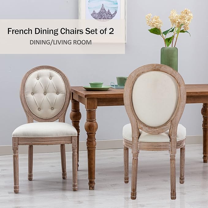 Nrizc French Country Dining Chairs Set of 2, Farmhouse Dining Chairs with Round Button Back, Solid Wood Legs, Oval Side Chairs for Kitchen/Bedroom/Dining Room