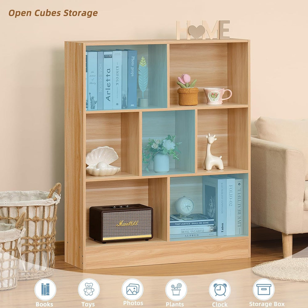 LEYAOYAO 7 Cube Bookshelf with Base,3 Tier Mid-Century Modern Natural Bookcas...