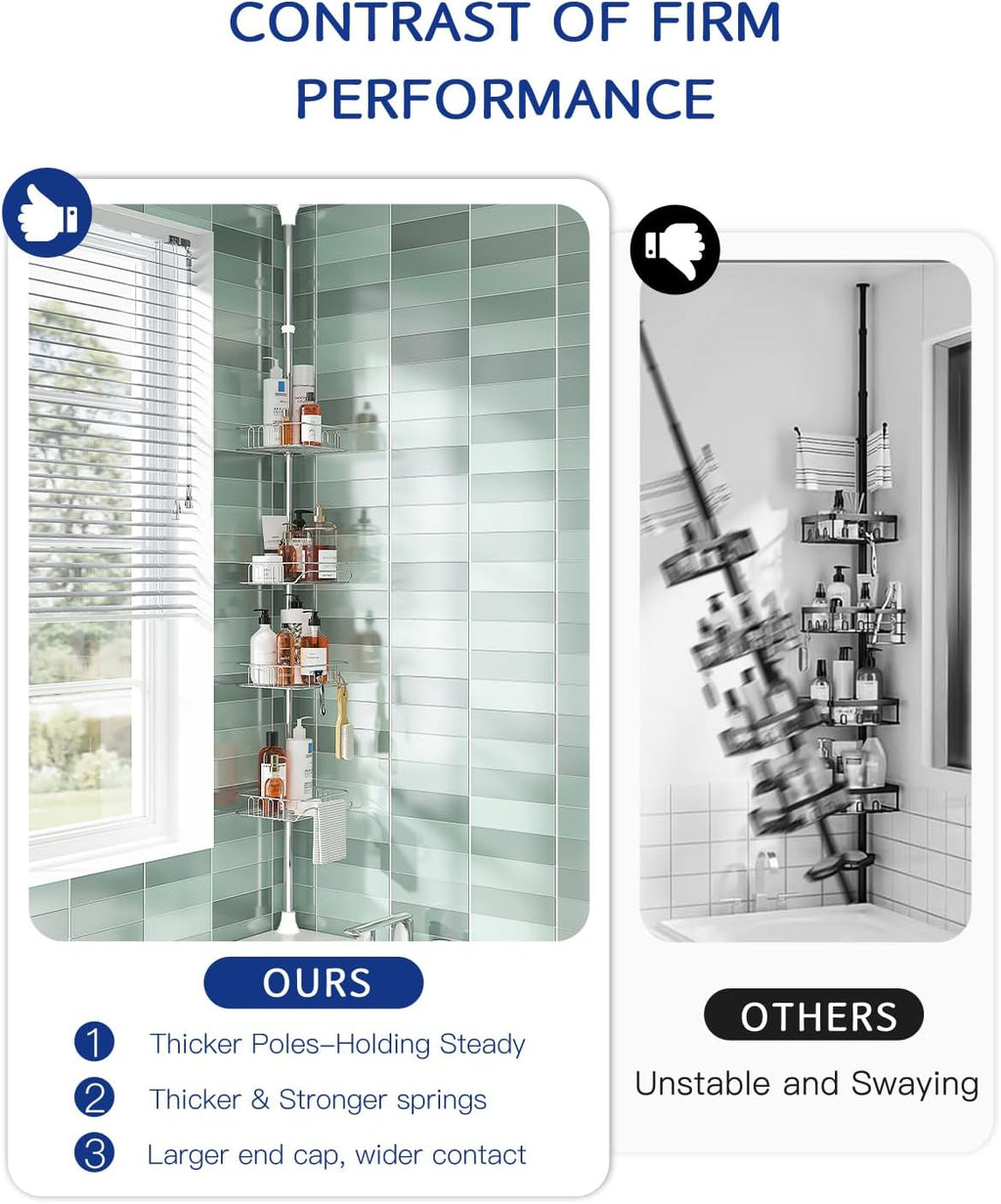 SEIRIONE Rustproof Shower Caddy Corner and Shower Organizer Corner for Bathroom,Corner Shower Caddy Tension Pole with 4 Adjustable Baskets for Shower Accessories, 34 to 116 Inch Height, Silver