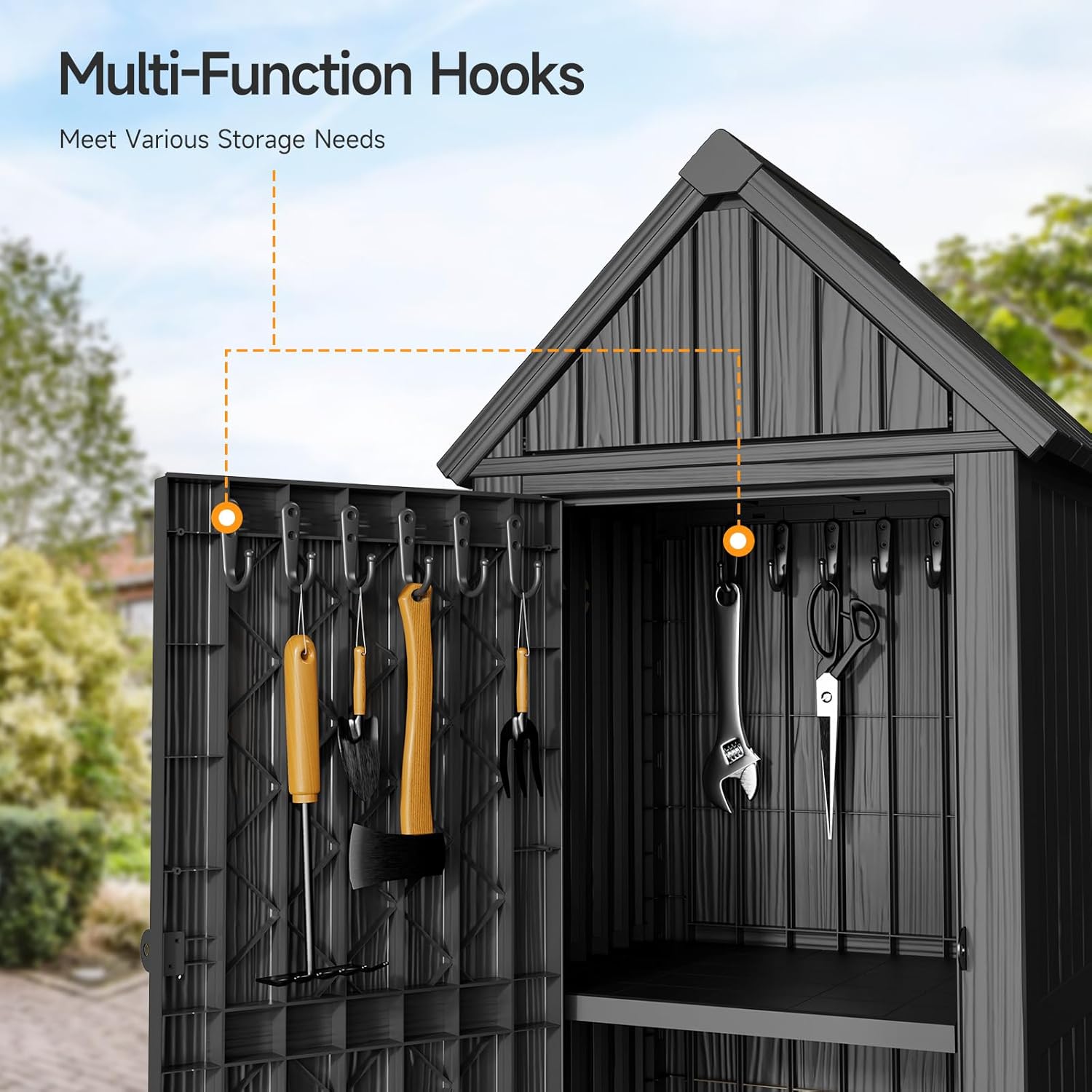 ONBRILL Multifunctional Storage Shed, Outdoor Storage Cabinet with Hooks and Lock Ring, Waterproof Outdoor Storage Shed for All Weather, Tool Outdoor Shed for Patio Lawn and Garden
