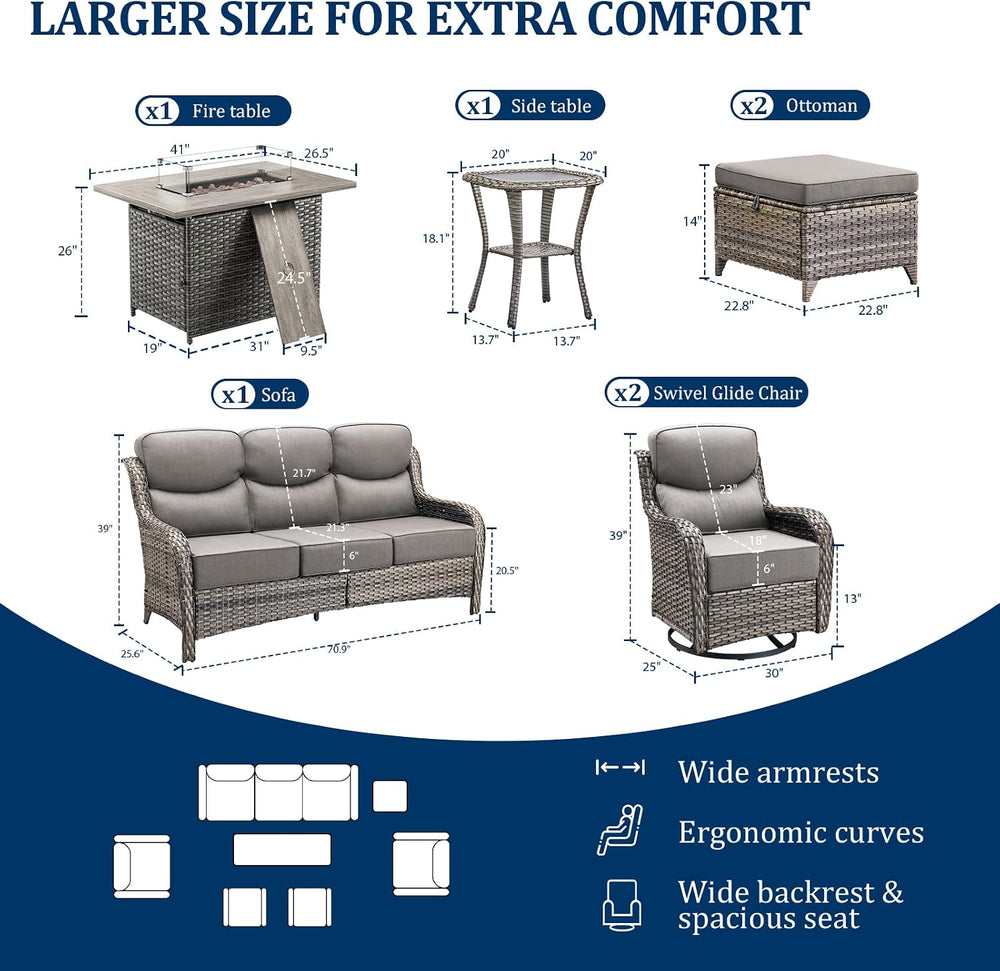 Luxury Swivel Rocker Chairs Fire Pit Set with 6" Thick Cushion 7 piece W...