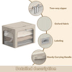 CYhom 3Pack Clothes Storage Bins - Oxford Frame Storage Box Foldable Stackable Storage Organizer with 3 Openings Design, Metal Frame, Clear Window, Carry Handles (66L-19.7 * 15.7 * 13, Beige)