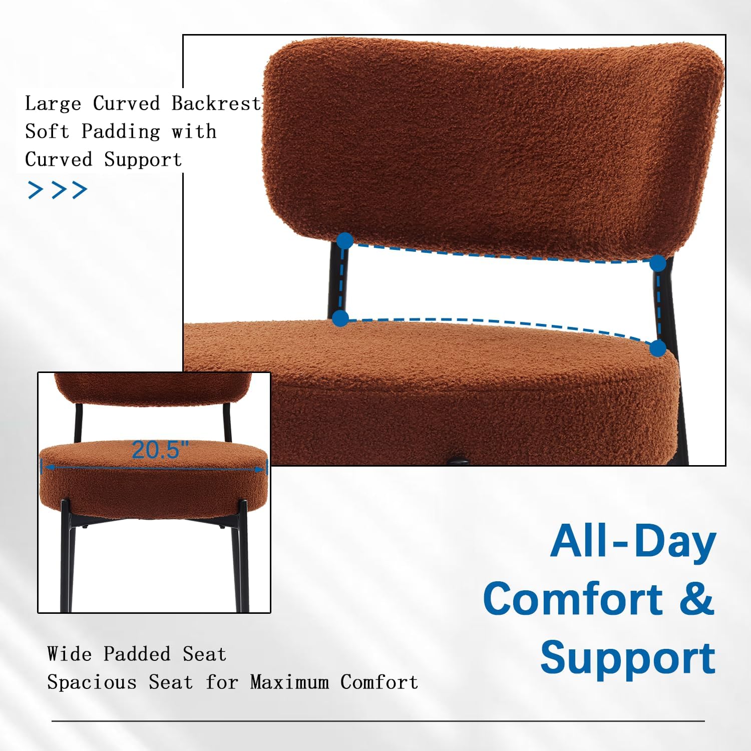 Boucle Dining Chairs Set of 2, Brown Mid Century Modern Kitchen Dining Room Chairs with Curved Backrest and Metal Frame, Round Upholstered Dining Chairs for Kitchen, Living Room