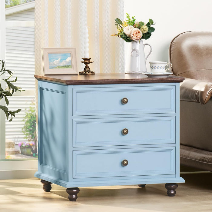 Joaxswe 24" Wide Farmhouse Night Stand,Large End Table with 3 Drawers & Metal Handle,Wood Dresser for Bedroom, Bed Side Table Chest of Drawers Cabinet,Light Blue Nightstand for Living Room,Closet