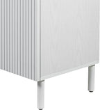 Sango Merk 2-Door Cabinet, Modern White Storage Cabinet with Vertical Groove Doors, Adjustable Shelf, Cylindrical Wood Legs, Discreet Metal Finger Pulls, Stylish Furniture for Living or Dining Room