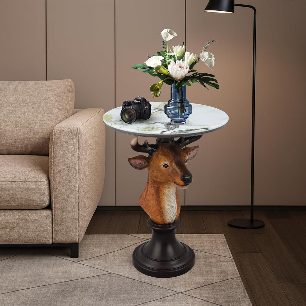 Deer Head Accent Table with Resin Animal Statue, Round Faux Marble End Tables...