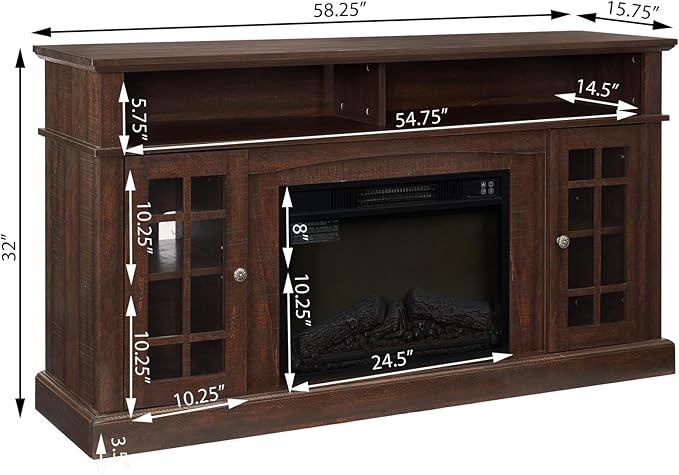 Rustic TV Stand with Electric Fireplace: Tall Wood Entertainment Center Console for 60 Inch TV - Espresso