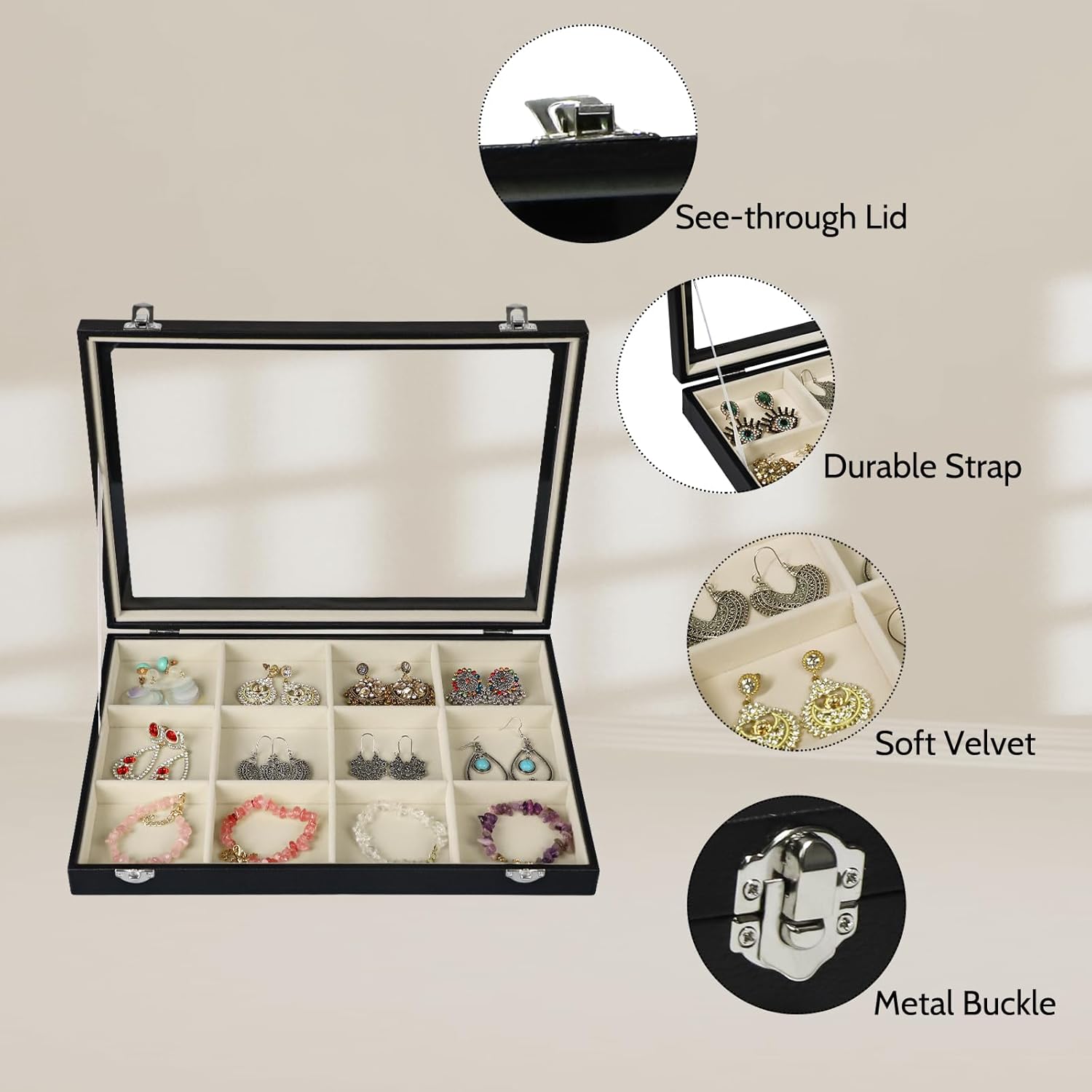 Stratalife Jewelry Organizer Bracelet Holder Organizer Box Earring Storage Drawer Jewelry Display Anti Tarnish Ring Holder For Women Girls 12 Grid (Beige Black)