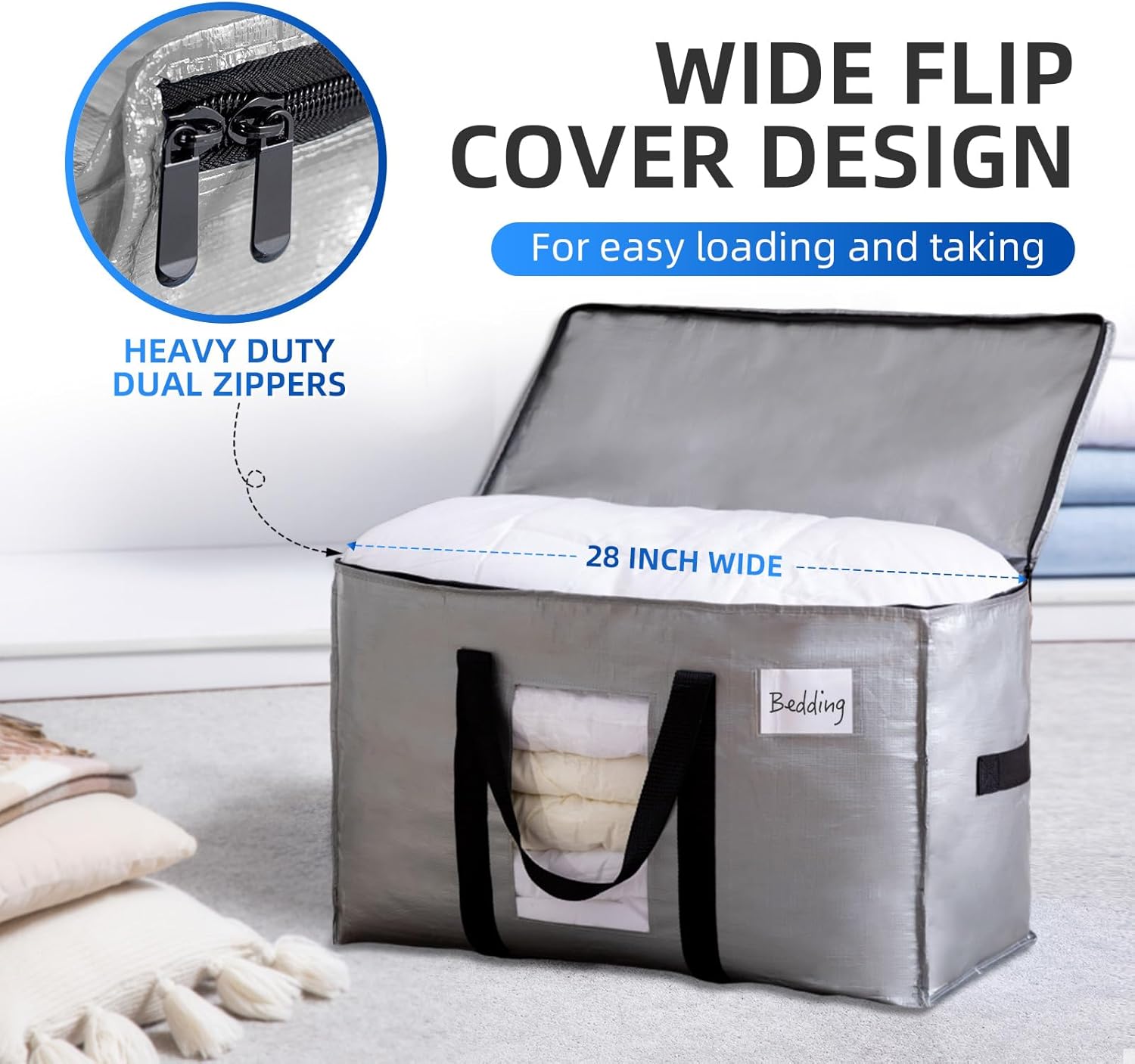 TAILI Extra Large Moving Bags, 12 Pack Silver Heavy Duty Totes for Storage with Visible Window, Wrap Around Handles, Storage Bags for Space Saving, Alternative to Moving Boxes