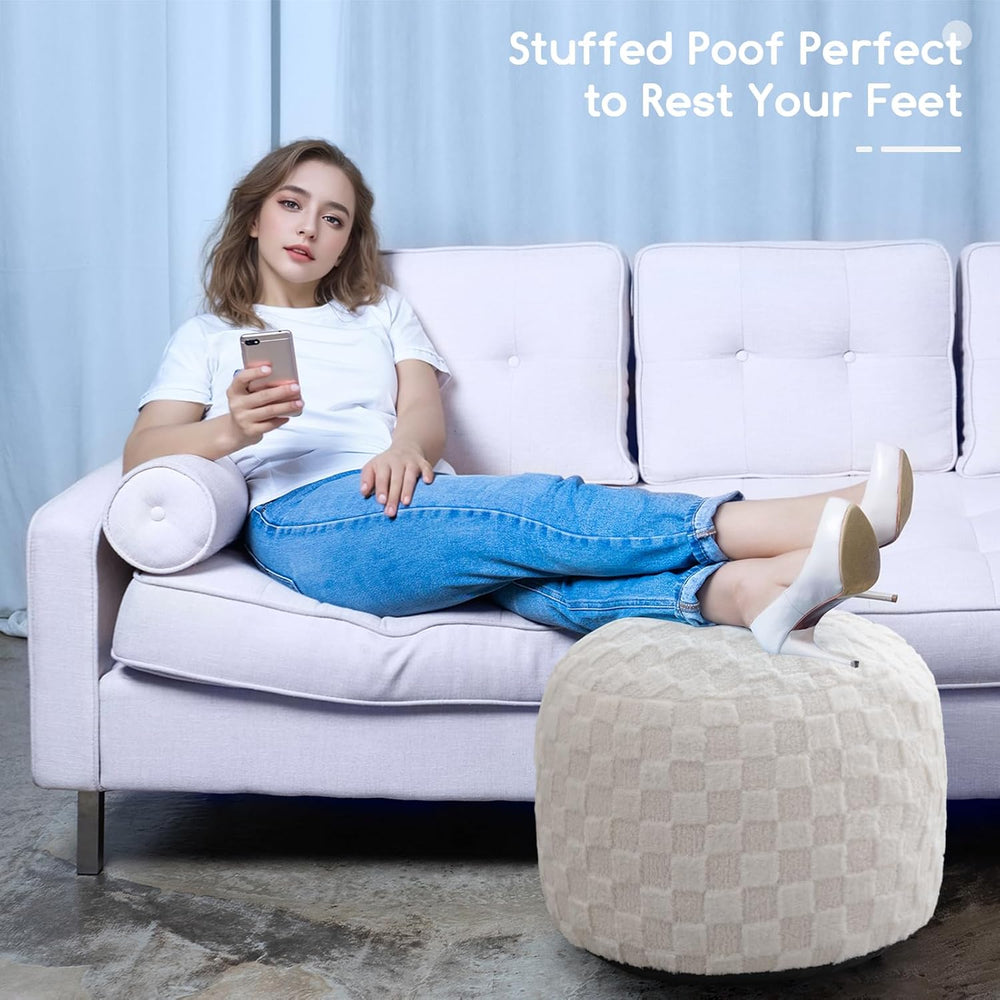 HIGOGOGO Round Stuffed Pouf Ottoman, Plaid Poufs with Foam Chunk Filling, Flu...
