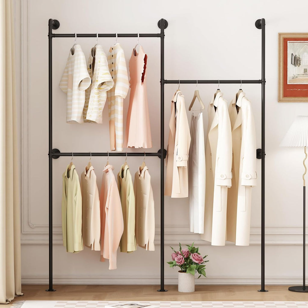 Industrial Pipe Clothing Rack Wall Mount, Black Pipe Clothes Rack with 3 Hanging Rods, Heavy Duty Pipe Clothing Rack for Laundry Room, Closet Systems for Walk in Closets
