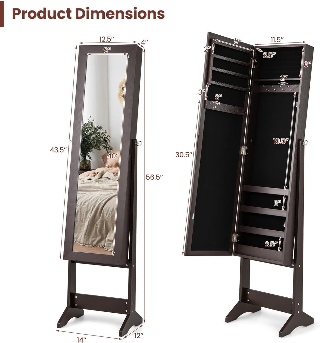 COSTWAY Jewelry Armoire Cabinet, Standing Jewelry Organizer with Full-length Mirror & 3 Adjustable Angles, Large Storage Capacity Jewelry Cabinet for Bedroom, Dressing Room (Coffee)