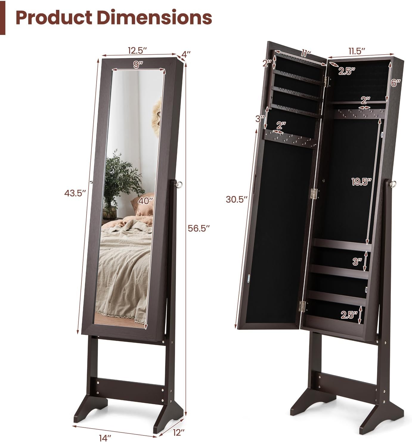 COSTWAY Jewelry Armoire Cabinet, Standing Jewelry Organizer with Full-length Mirror & 3 Adjustable Angles, Large Storage Capacity Jewelry Cabinet for Bedroom, Dressing Room (Coffee)
