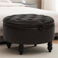 30 Inch Round Ottoman with Storage, Tufted PU Leather Storage Bench for Bedroom, Living Room & Entryway, Modern Upholstered Coffee Table with Wooden Black Legs, Dark Brown(PU)