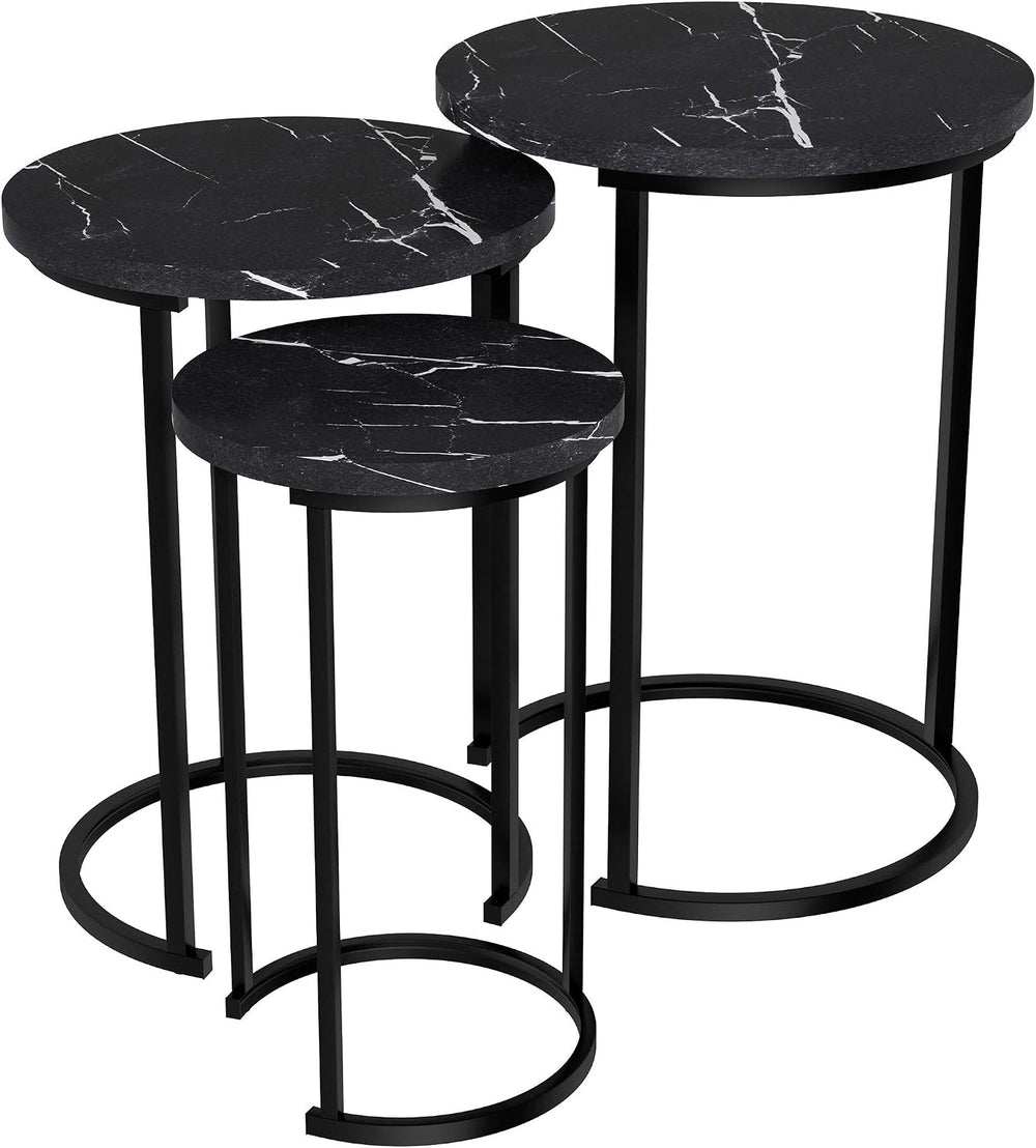 Lavish Home Round Nesting Tables Set of 3, Faux Marble Tabletop, Black