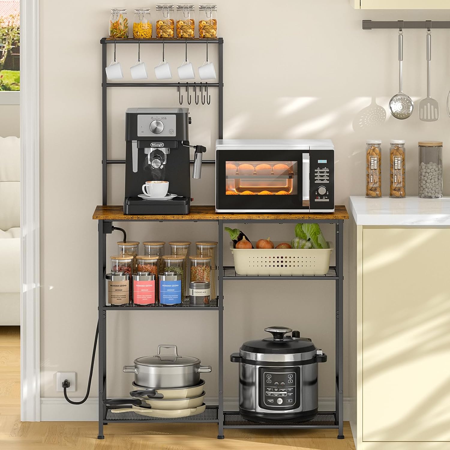 3IngSeagulls Bakers Rack with Power Outlet, Kitchen Microwave Stand with 10 S-shaped Hooks, 6-Tier Coffee Bar Station, Kitchen Storage Shelf Rack for Spices, Pots, Rustic Brown