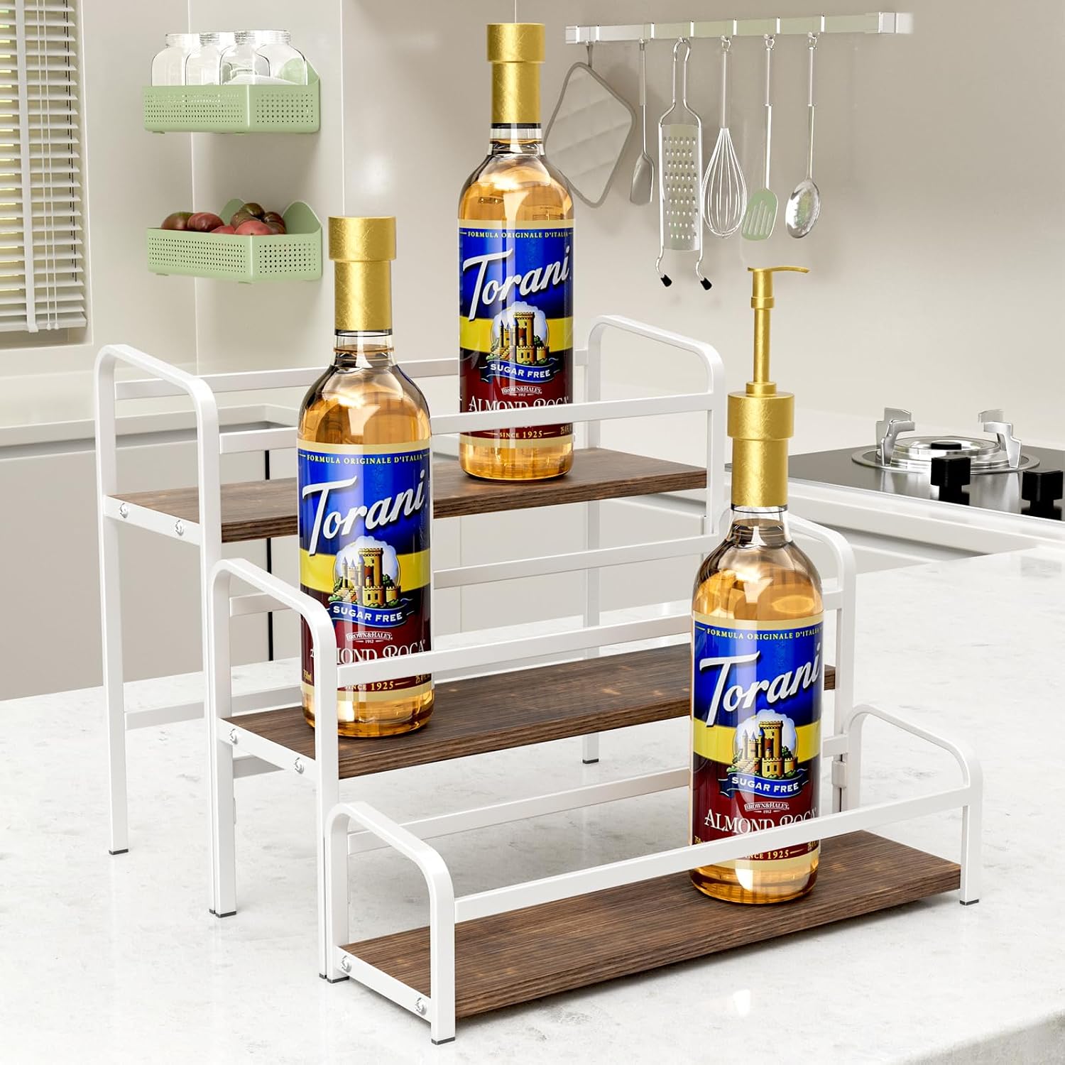 3-Tier Coffee Syrup Rack for Countertop, Large Capacity 12-Bottles Syrup Stand with Wood Shelf & Metal Frame for Coffee Bar, Premium White Coffee Organizer Station/Wine Rack for Kitchen Storage