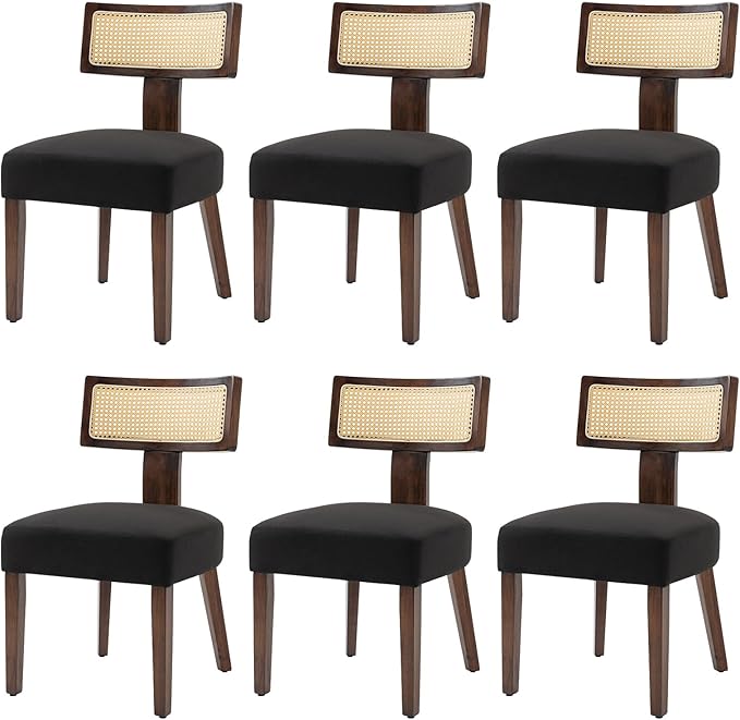 Upholstered Rattan Dining Chairs Set of 6, Mid-Century Modern Fabric Dining R...