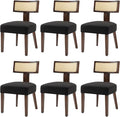 Upholstered Rattan Dining Chairs Set of 6, Mid-Century Modern Fabric Dining Room Chairs with Brown Hardwood Frame, Curved Backrest Kitchen Armless Accent Chairs for Living Room (Black)