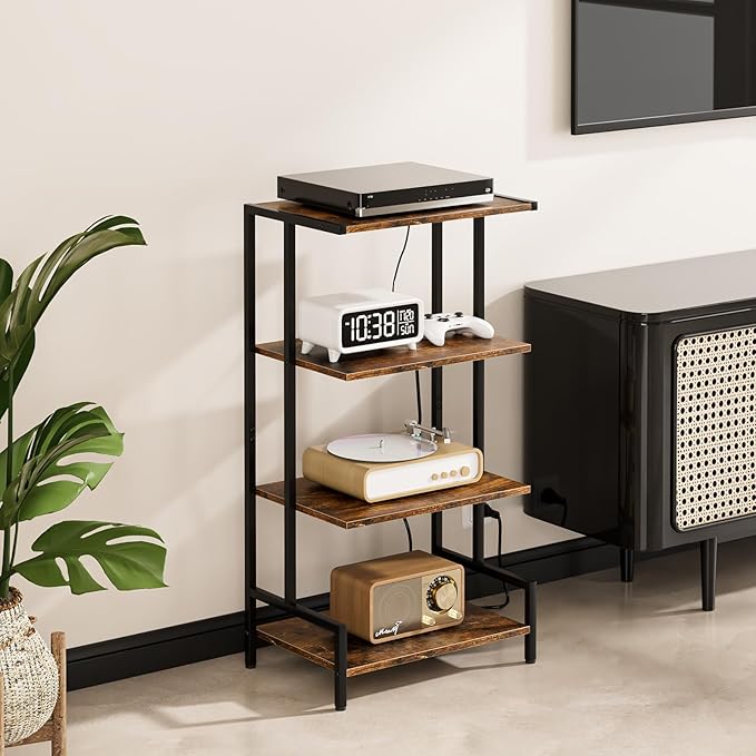 4-Tier AV Media Stand with Power Outlet and LED Lights,Wooden Stereo Stand Ca...