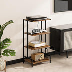 4-Tier AV Media Stand with Power Outlet and LED Lights,Wooden Stereo Stand Cabinet,Game Console Shelf for Small Space,Audio Rack Stand Tower Ideal for Video DVD Players,Xbox