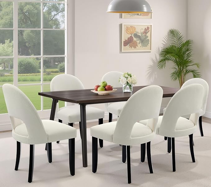 Dining Room Chairs Set of 6, Upholstered Wooden Dining Chairs, Modern Farmhouse Kitchen Chairs with Linen Fabric Open Backrest, Cream White