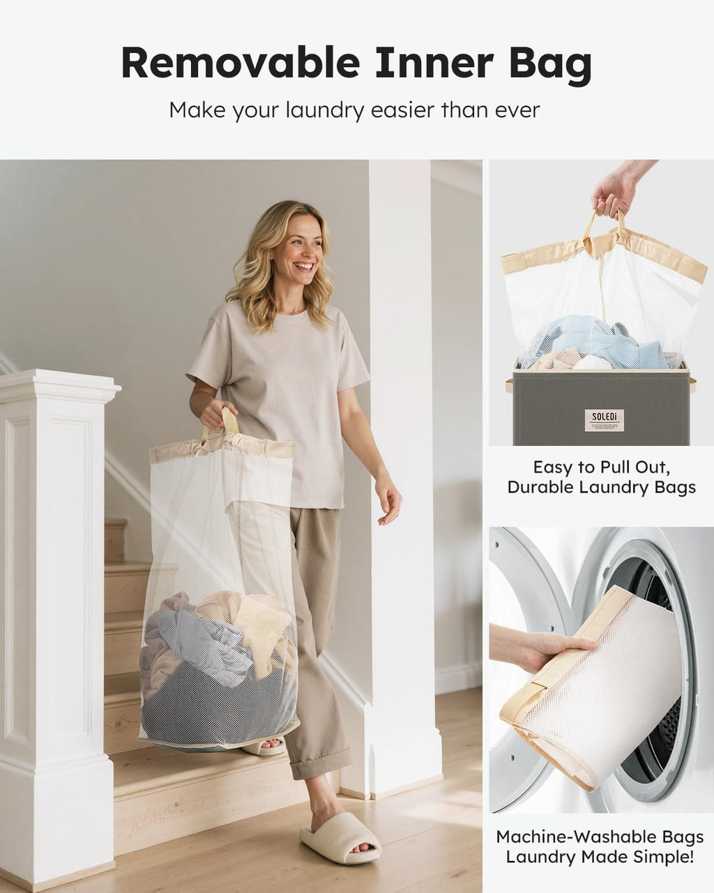 SOLEDI Laundry Hamper with Lid 100L Large & Tall Collapsible Laundry Basket, Clothes Hamper with Bag Removable Easy to Carry, Dirty Hampers for Bedroom, Bathroom, Dorm, College, Cement
