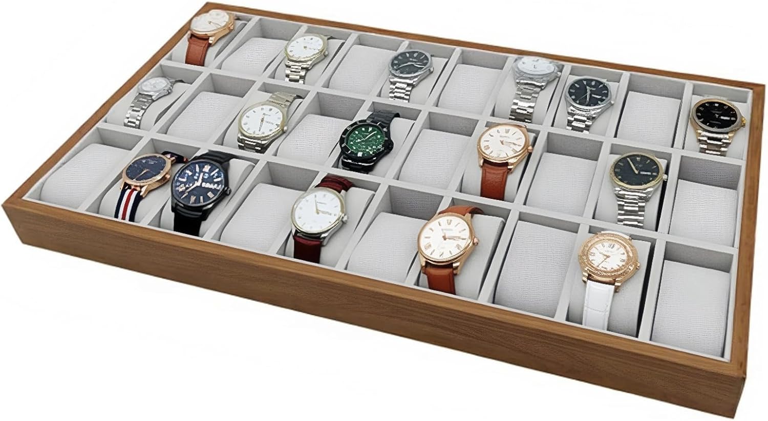 Wooden Watch & Jewelry Tray Organizer - 24/30 Grid Display Holder with Removable Pillow for Men & Women's Storage (30 Grid)