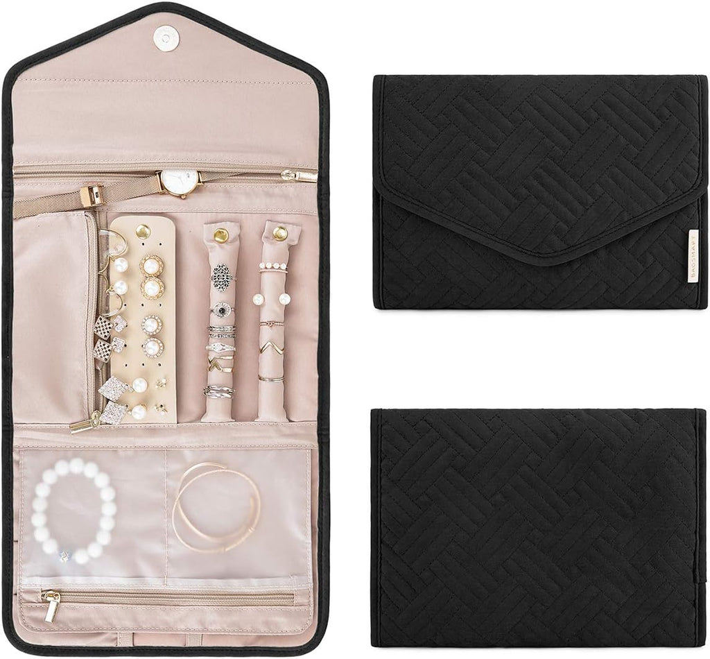 BAGSMART Travel Jewelry Organizer Roll Foldable Jewelry Case for Journey-Rings, Necklaces, Bracelets, Earrings, Black