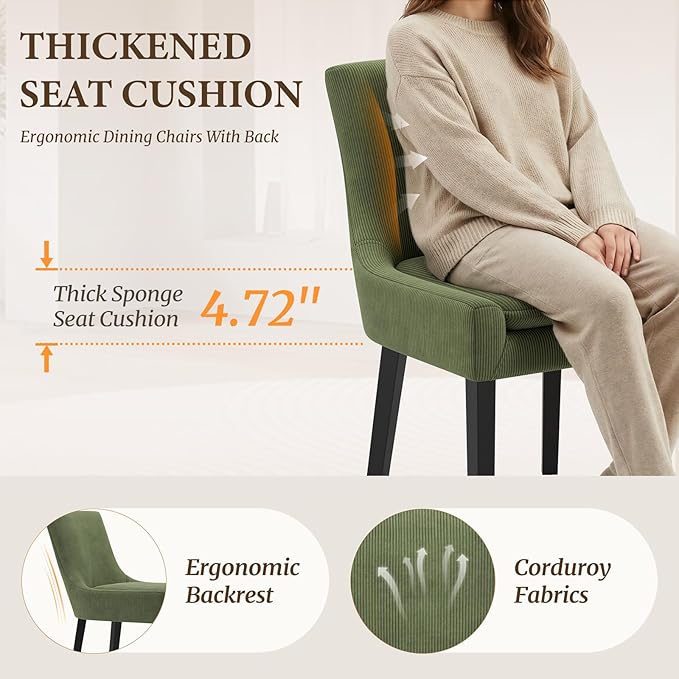 Modern Dining Chairs Set of 4, Upholstered Corduroy Dining Room Chairs with Wood Legs, Mid-Back Padded Kitchen Side Chairs for Dining Room, Green