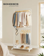 SONGMICS Clothes Rack with Wheels, Double-Rod Clothing Rack for Hanging Clothes, 25.4mm Metal Garment Rack with Dense Mesh Storage Shelf, 110 lb Load Capacity, 2 Brakes, White UHSR027W01