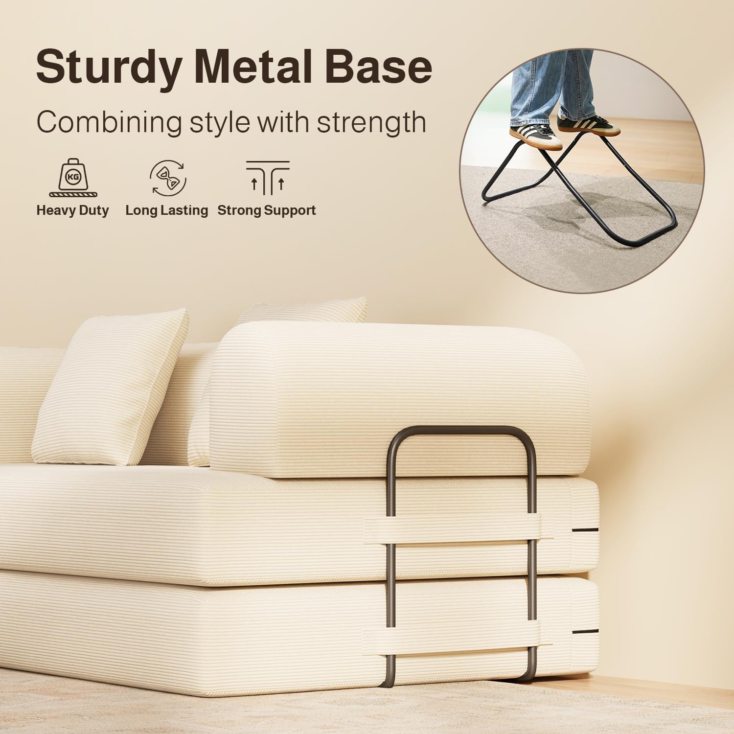 78.8" Convertible Sofa Bed, 5-in-1 Boneless Couch, No Assembly,Cream | Corduroy Boneless Loveseat Sleeper Sofa,Boneless Chair for Living Room,Futon Sleeper Couch with Removable Armrests & Pillows
