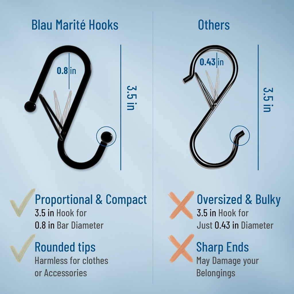 10-Pack Metal S Hooks for Hanging – Heavy-Duty S-Shaped Hook with Safety Buckle – Fits Bars up to 0.8 in – Anti-Drop S-Hooks for Kitchen, Bathroom, Closet & Pot Racks – Black (Medium)