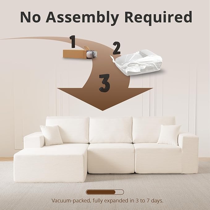 108" L-Shaped Boneless Couch, High Seat Modular Sectional Sofa with Moveable Ottoman, Corduroy Cloud Couches for Living Room, No Assembly, Ship in a Box, White